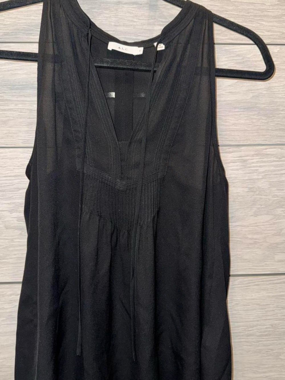 A.L.C. Sleeveless Black V-Neck Pintuck Blouse